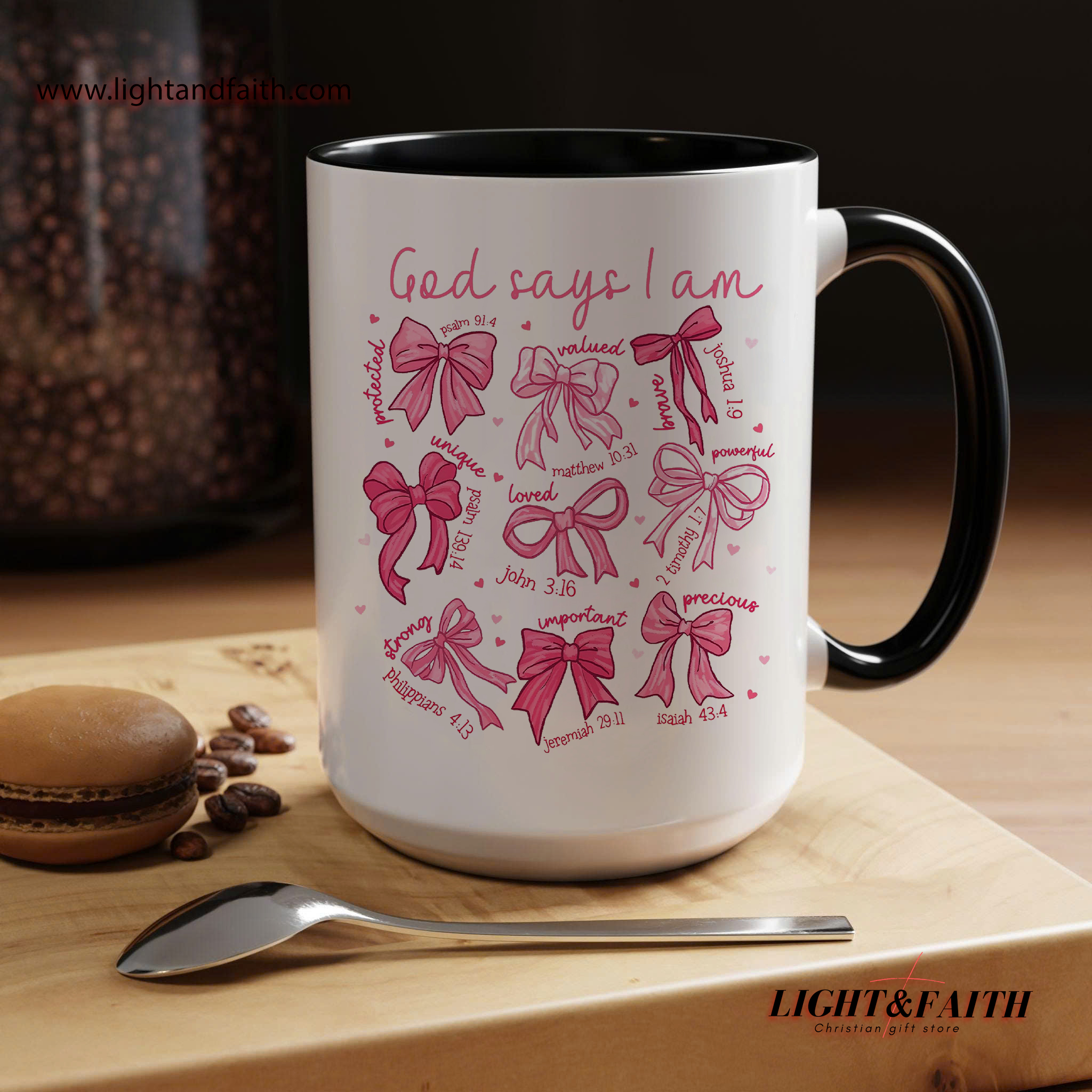 God Says I Am Mug – Christian Bible Verse Coffee Cup for Women, Scripture Affirmation Mug, Faith Gift with Pink Bow Design MULAF06